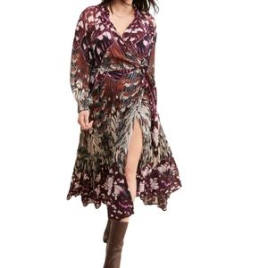 Anthropologie Long Sleeve Wrap MIDI Butterfly Dress Size Large OP1535519